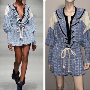 Chic Blue and Cream Romper with Ruffle Details